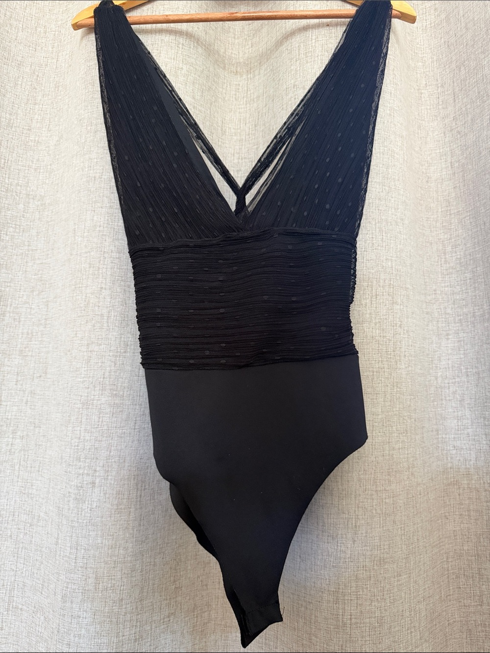 Zara Black V-Neck Textured Mesh Bodysuit